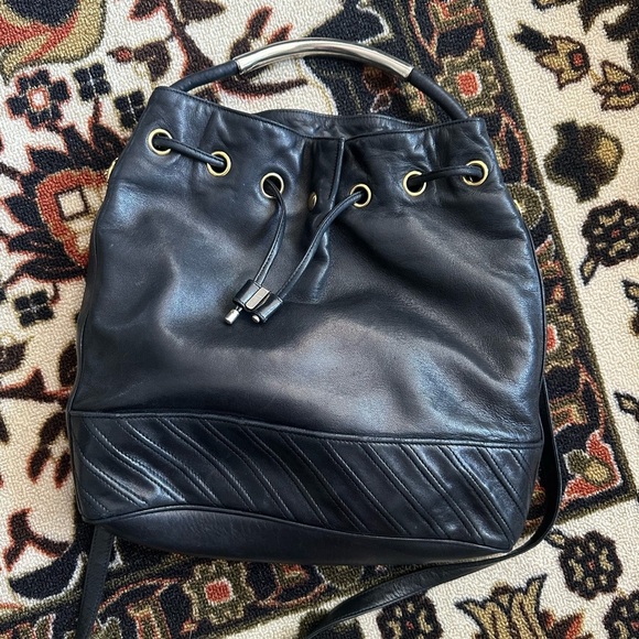 Vintage ITALIAN SISO Black Leather Bucket Bag Purse - Picture 8 of 10